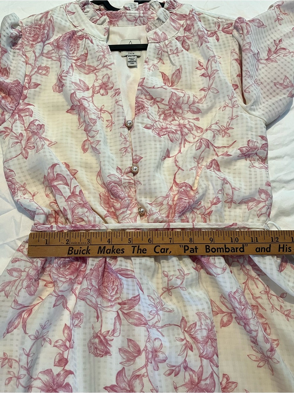 Joie Pink White Floral Long Sleeve Tiered Dress Ruffle Neck Tie Waist - Size XS - Picture 5 of 11